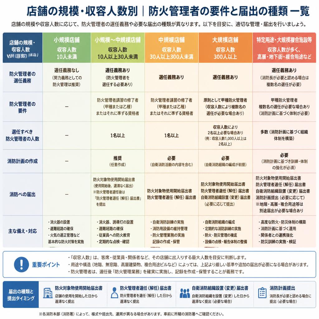 店舗の規模別防火管理者の要件